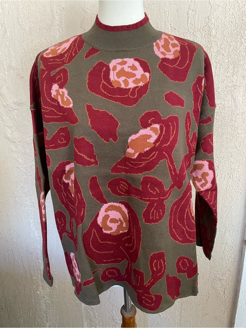 JODIFL Olive Floral Turtleneck Sweater with Wine & Pink Accents